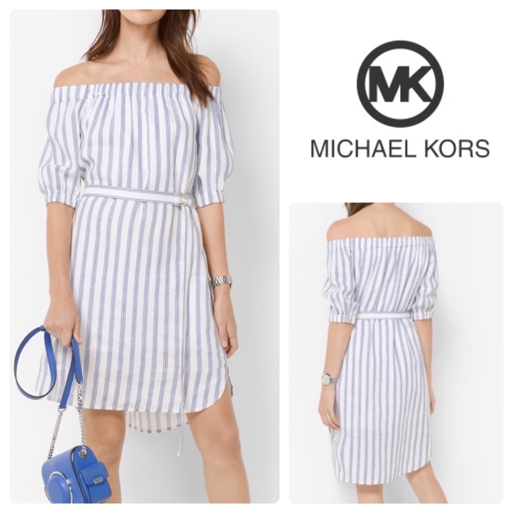 Michael Kors STRIPED LINEN OFF-THE-SHOULDER DRESS